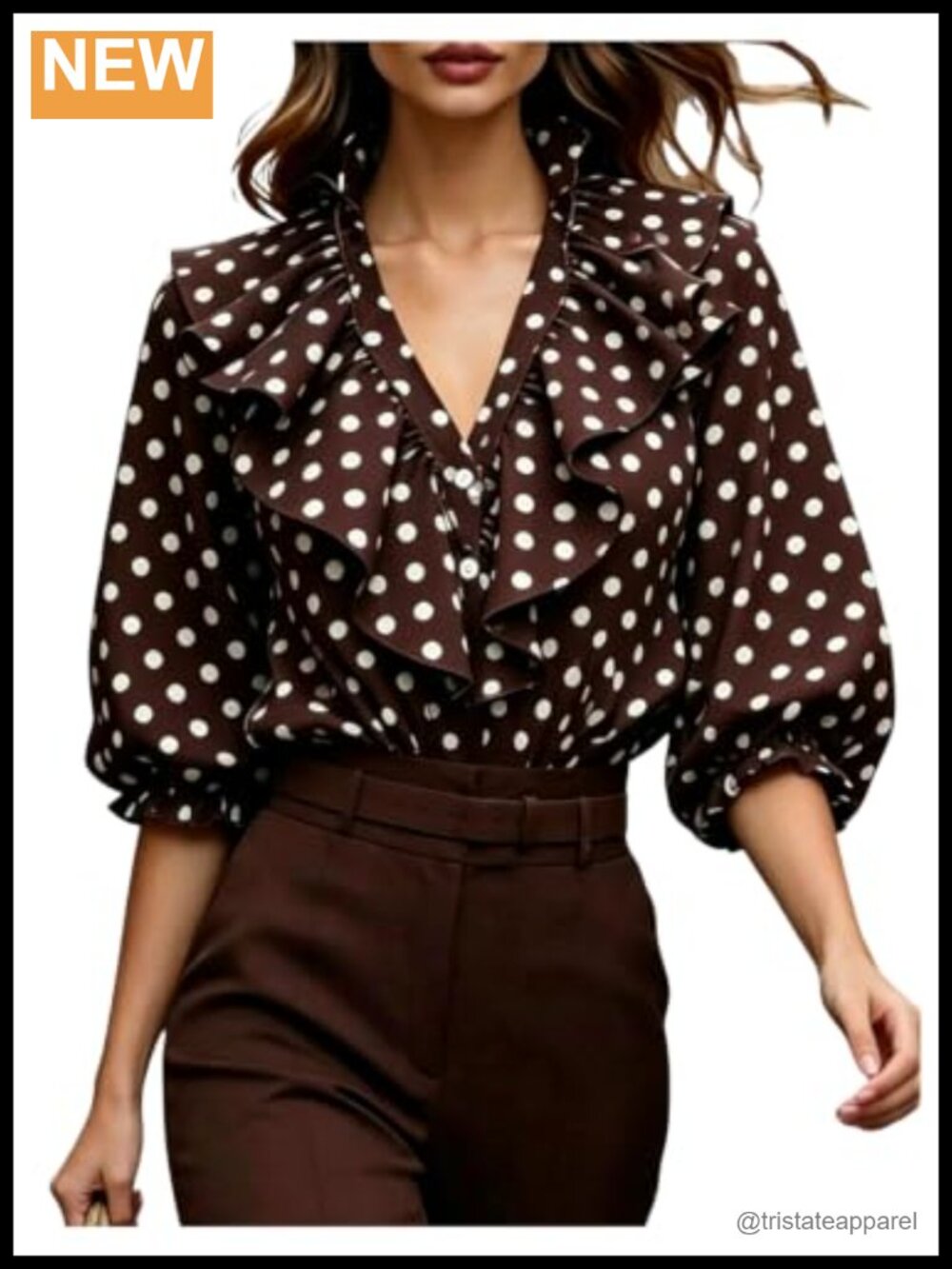 Women's Polka Dot Ruffled Hem 3/4 Sleeve Blouse Button Down V-Neck Office Top